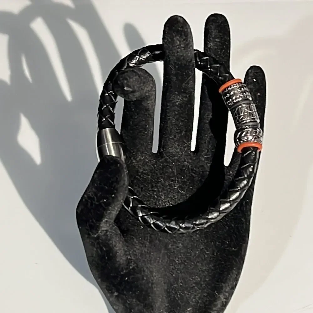 Braided Leather Bracelet Silver Tone & Red | Magnet Clasp